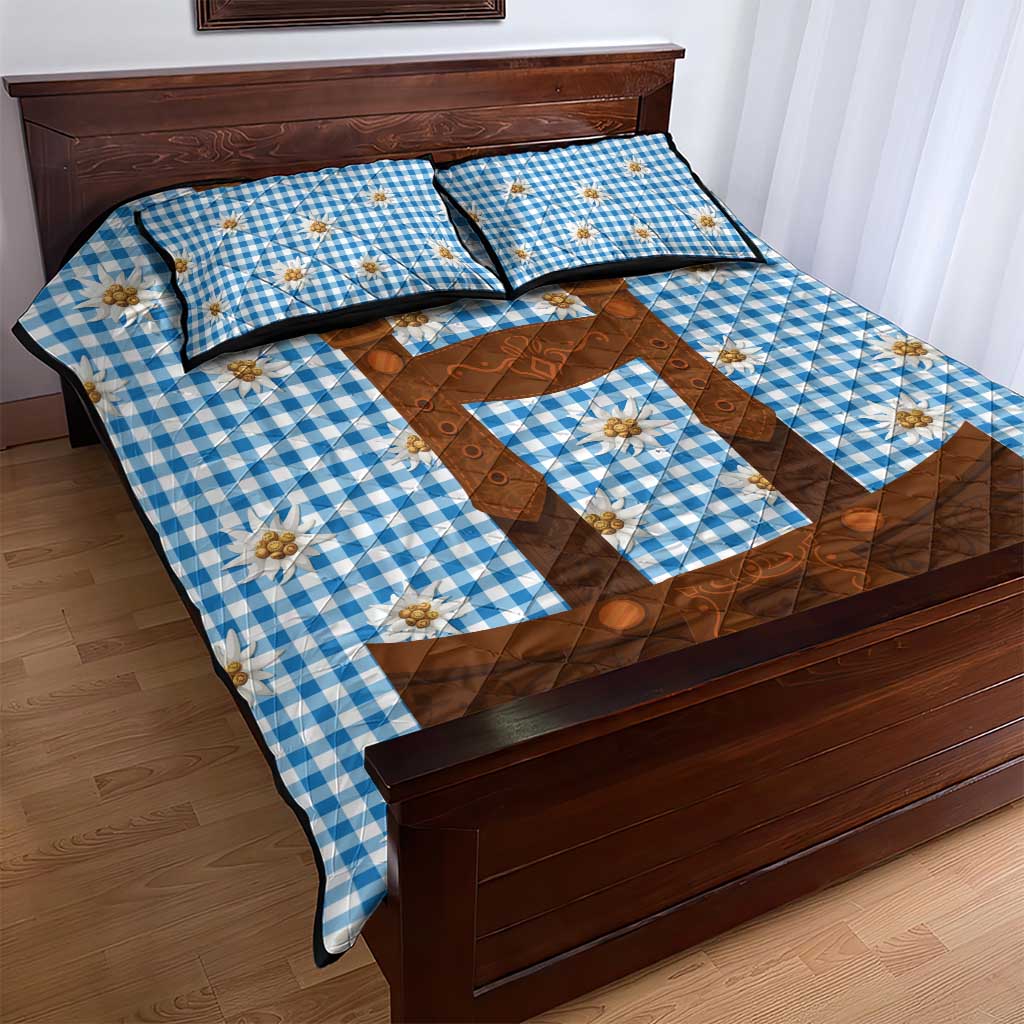 Traditional German Costume - Lederhosen Quilt Bed Set Blue Plaid Pattern with Edelweiss Flowers - Wonder Print Shop