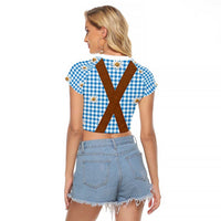 Traditional German Costume - Lederhosen Raglan Cropped T Shirt Blue Plaid Pattern with Edelweiss Flowers - Wonder Print Shop