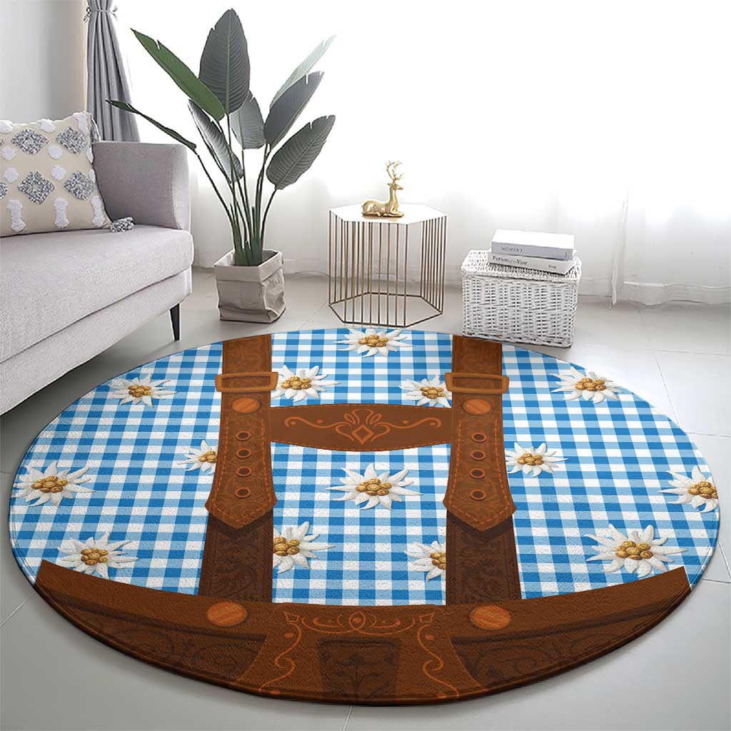 Traditional German Costume - Lederhosen Round Carpet Blue Plaid Pattern with Edelweiss Flowers - Wonder Print Shop