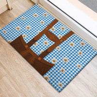 Traditional German Costume - Lederhosen Rubber Doormat Blue Plaid Pattern with Edelweiss Flowers - Wonder Print Shop