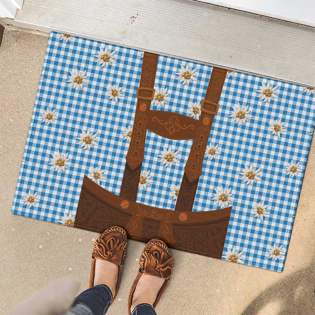 Traditional German Costume - Lederhosen Rubber Doormat Blue Plaid Pattern with Edelweiss Flowers - Wonder Print Shop