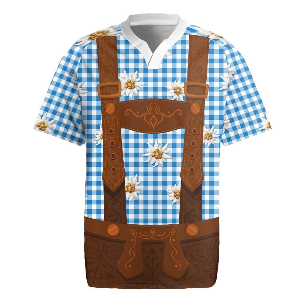 Traditional German Costume - Lederhosen Rugby Jersey Blue Plaid Pattern with Edelweiss Flowers - Wonder Print Shop
