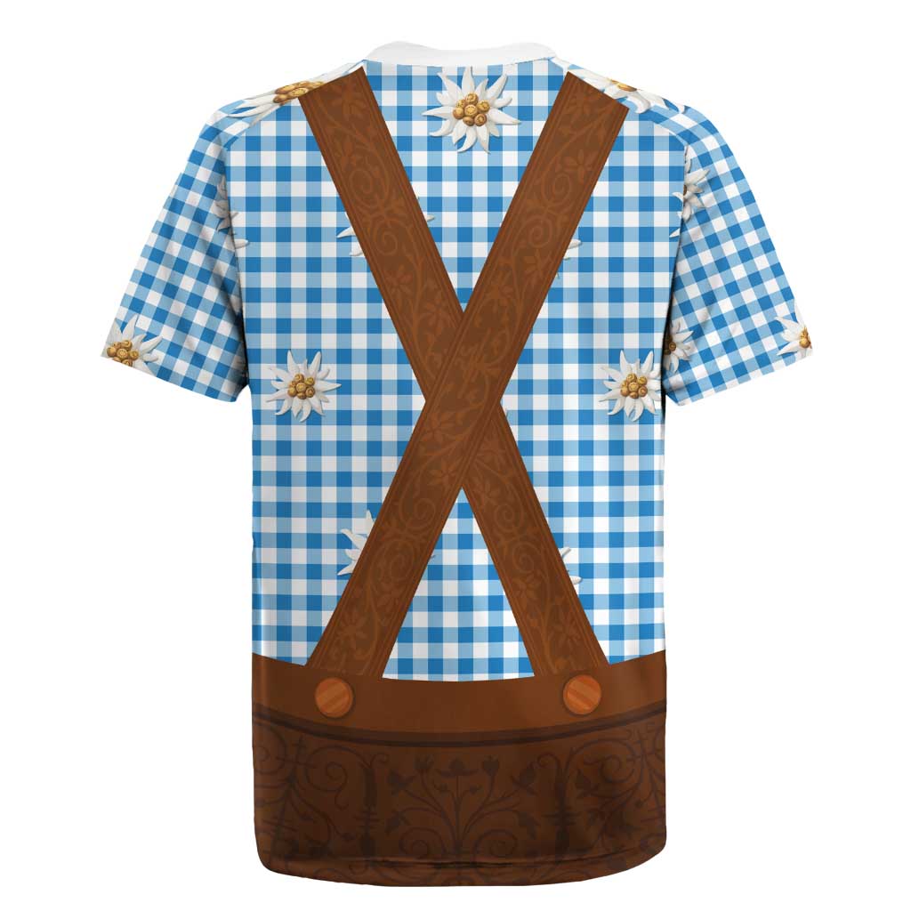 Traditional German Costume - Lederhosen Rugby Jersey Blue Plaid Pattern with Edelweiss Flowers - Wonder Print Shop