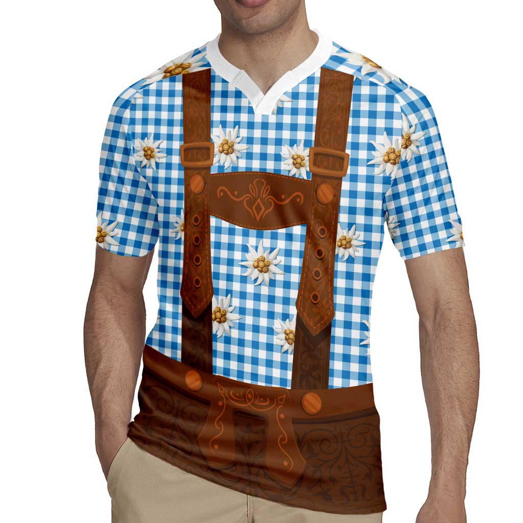 Traditional German Costume - Lederhosen Rugby Jersey Blue Plaid Pattern with Edelweiss Flowers - Wonder Print Shop