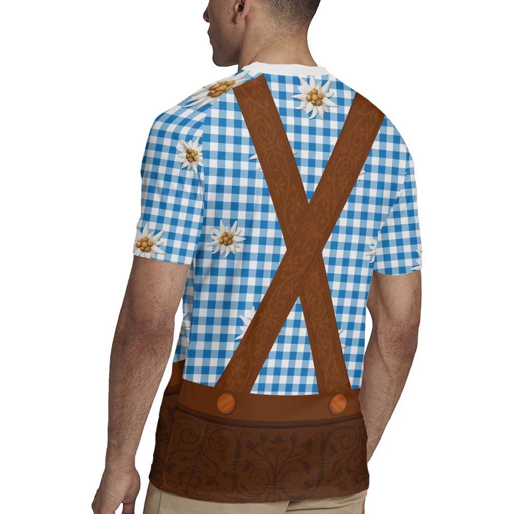 Traditional German Costume - Lederhosen Rugby Jersey Blue Plaid Pattern with Edelweiss Flowers - Wonder Print Shop
