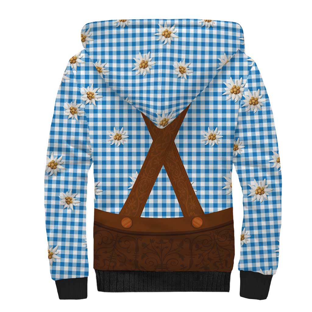 Traditional German Costume - Lederhosen Sherpa Hoodie Blue Plaid Pattern with Edelweiss Flowers - Wonder Print Shop
