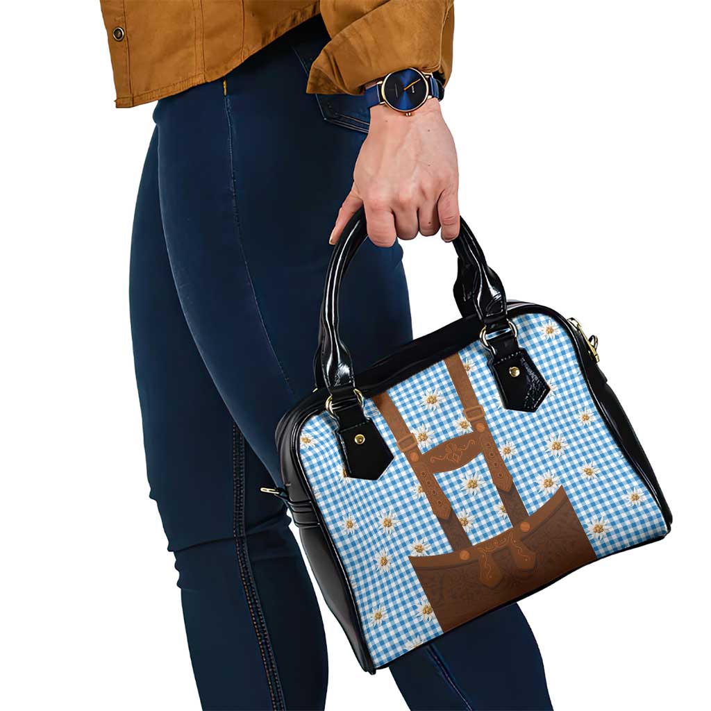 Traditional German Costume - Lederhosen Shoulder Handbag Blue Plaid Pattern with Edelweiss Flowers - Wonder Print Shop