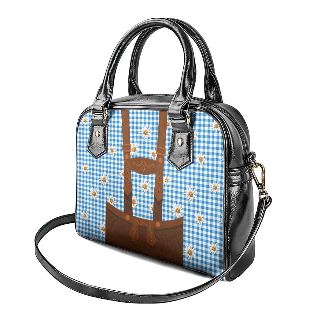 Traditional German Costume - Lederhosen Shoulder Handbag Blue Plaid Pattern with Edelweiss Flowers - Wonder Print Shop