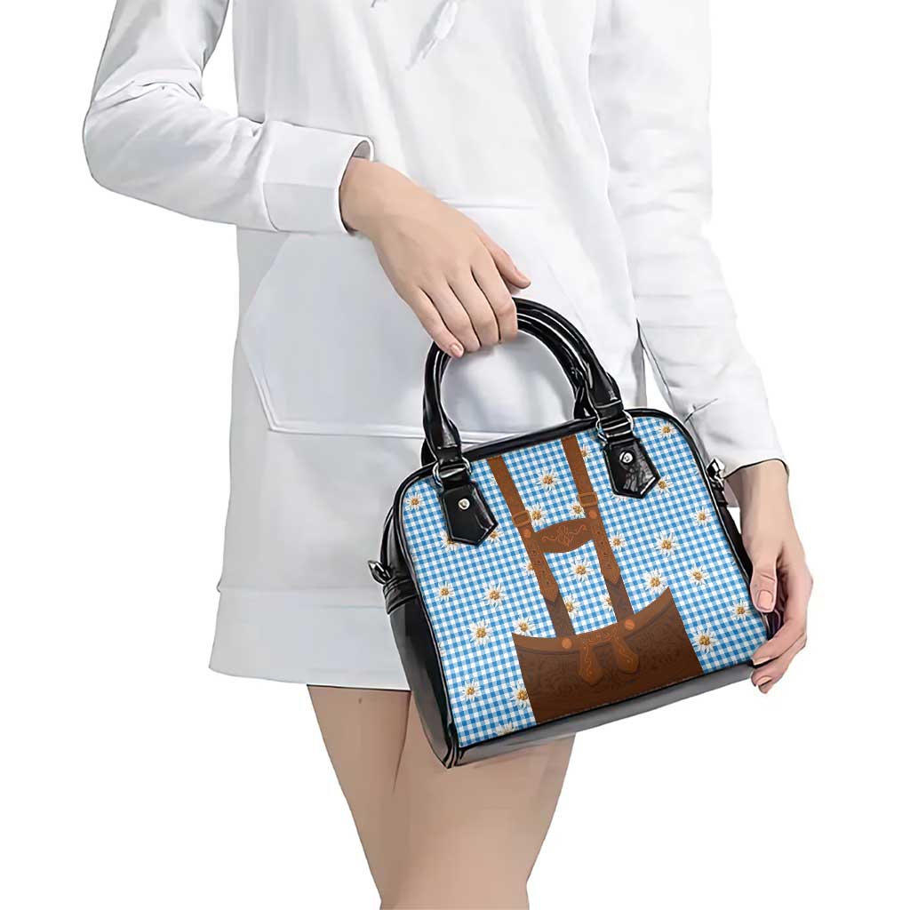 Traditional German Costume - Lederhosen Shoulder Handbag Blue Plaid Pattern with Edelweiss Flowers - Wonder Print Shop