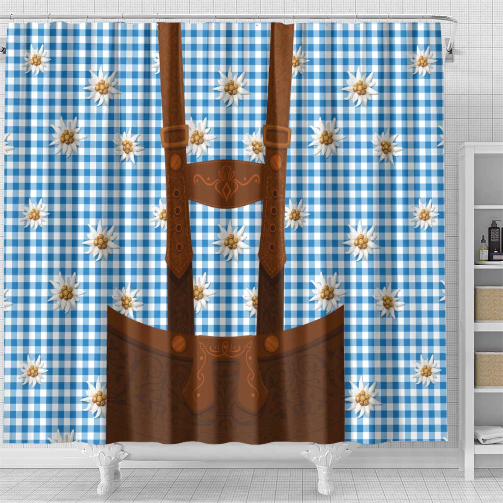 Traditional German Costume - Lederhosen Shower Curtain Blue Plaid Pattern with Edelweiss Flowers - Wonder Print Shop