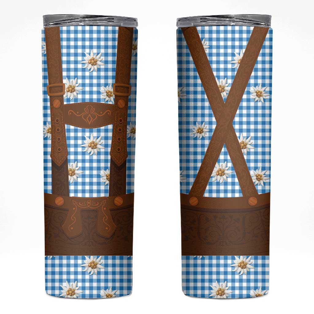Traditional German Costume - Lederhosen Skinny Tumbler Blue Plaid Pattern with Edelweiss Flowers - Wonder Print Shop