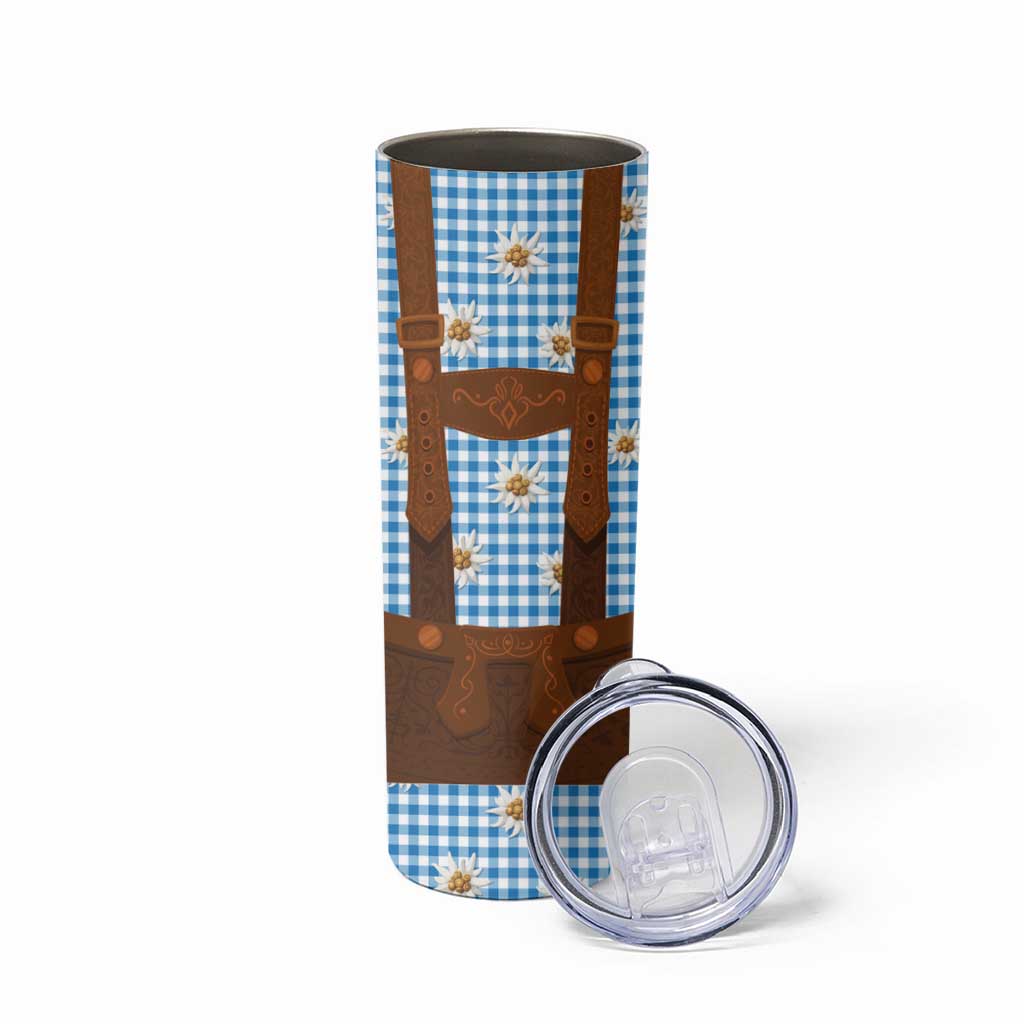 Traditional German Costume - Lederhosen Skinny Tumbler Blue Plaid Pattern with Edelweiss Flowers - Wonder Print Shop