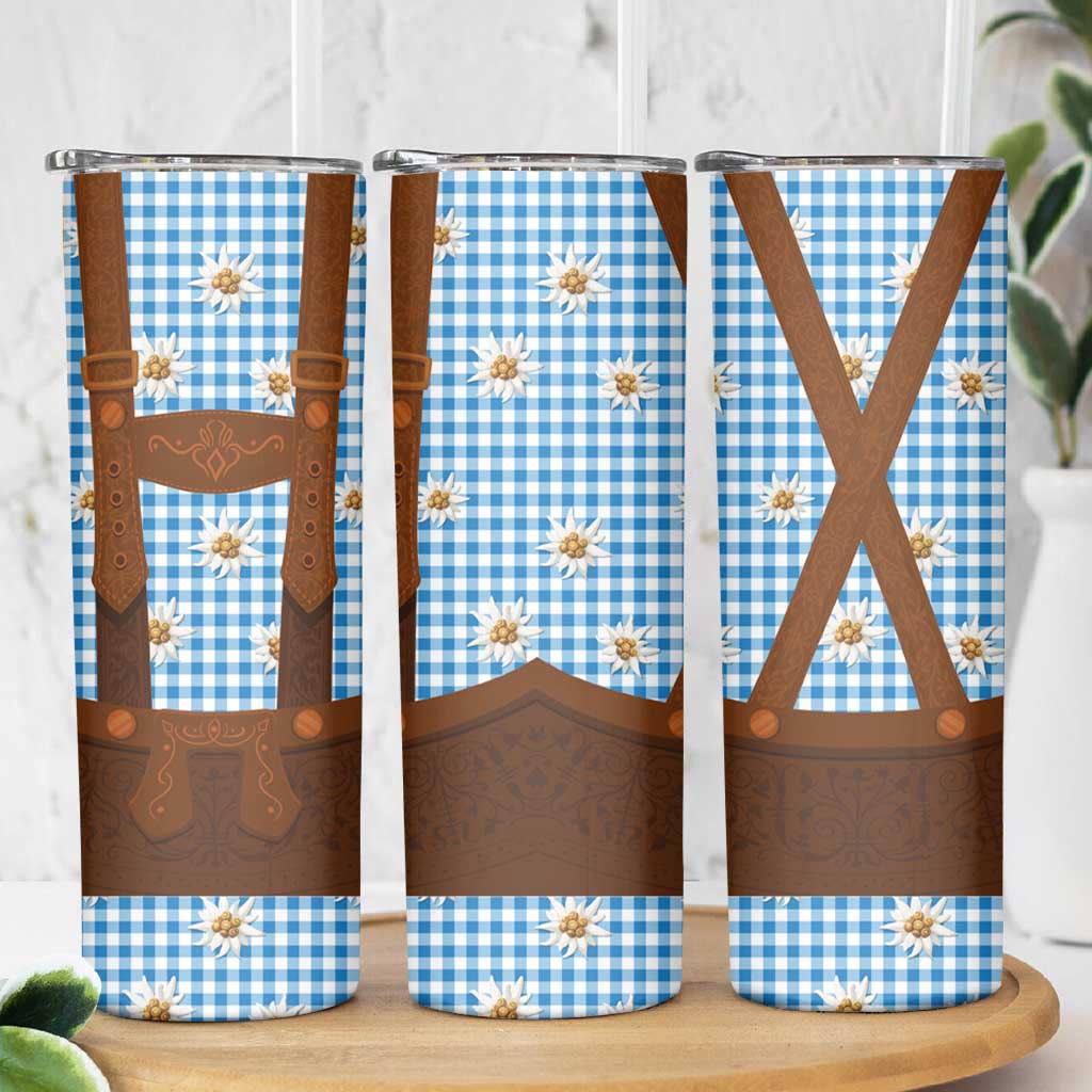 Traditional German Costume - Lederhosen Skinny Tumbler Blue Plaid Pattern with Edelweiss Flowers - Wonder Print Shop