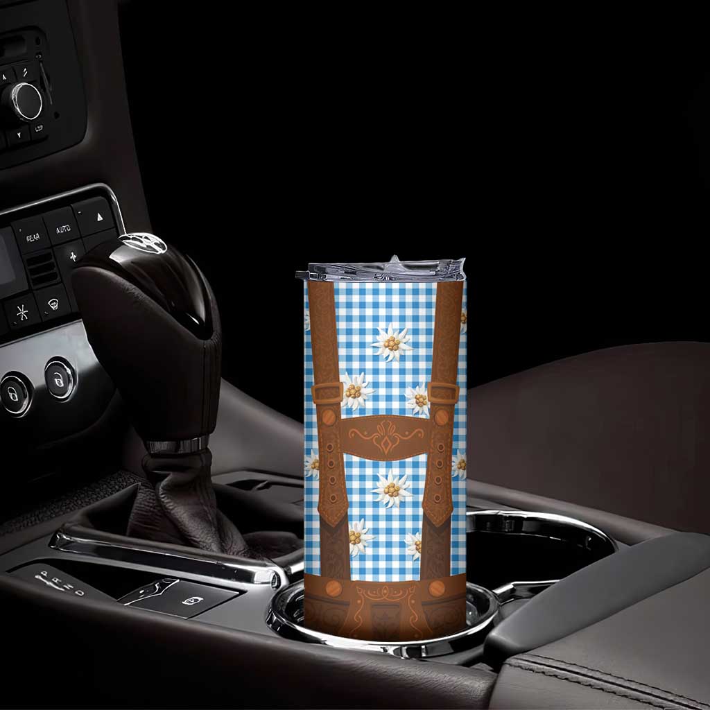 Traditional German Costume - Lederhosen Skinny Tumbler Blue Plaid Pattern with Edelweiss Flowers - Wonder Print Shop