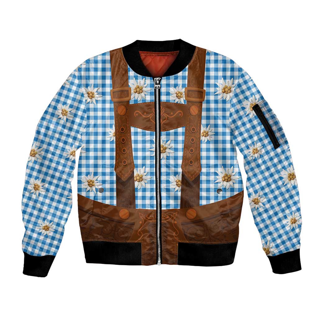Traditional German Costume - Lederhosen Sleeve Zip Bomber Jacket Blue Plaid Pattern with Edelweiss Flowers - Wonder Print Shop