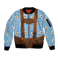 Traditional German Costume - Lederhosen Sleeve Zip Bomber Jacket Blue Plaid Pattern with Edelweiss Flowers - Wonder Print Shop
