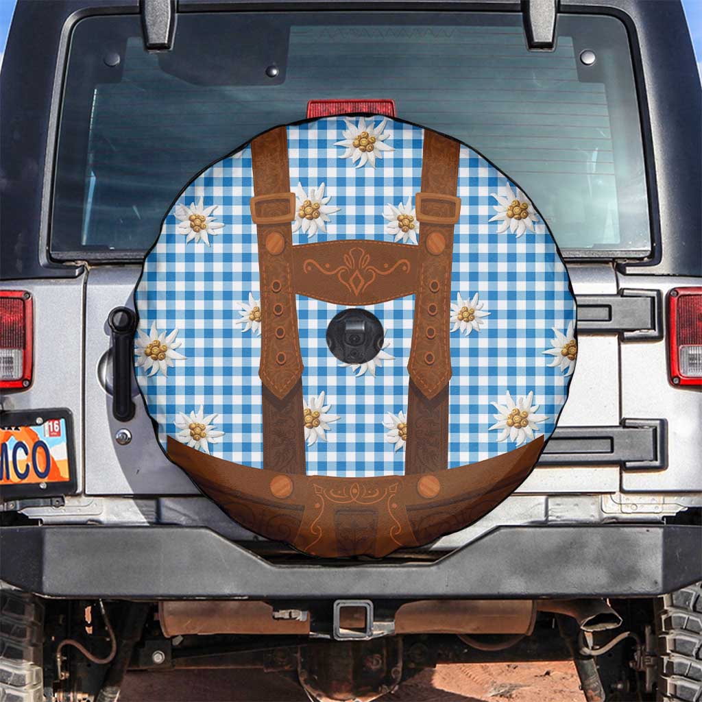Traditional German Costume - Lederhosen Spare Tire Cover Blue Plaid Pattern with Edelweiss Flowers - Wonder Print Shop