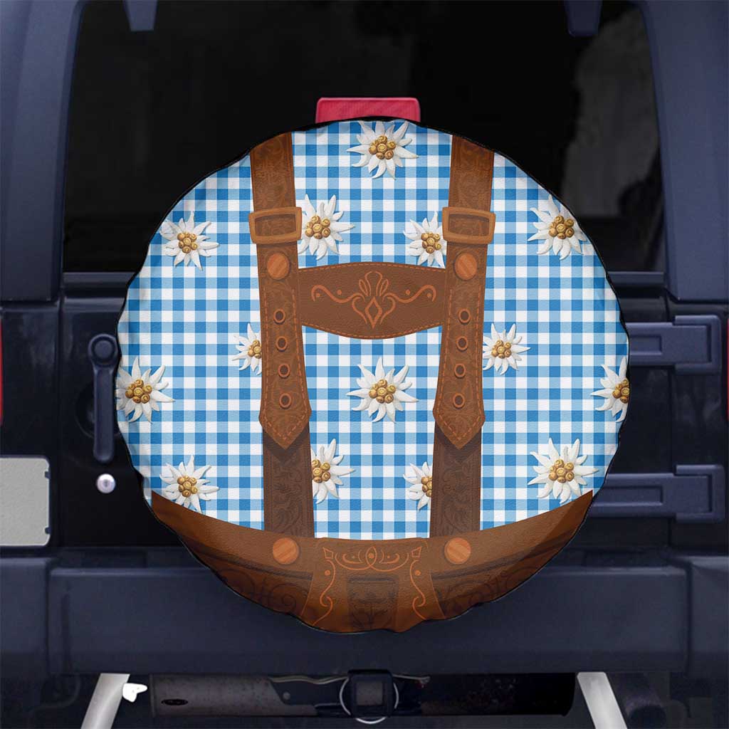 Traditional German Costume - Lederhosen Spare Tire Cover Blue Plaid Pattern with Edelweiss Flowers - Wonder Print Shop