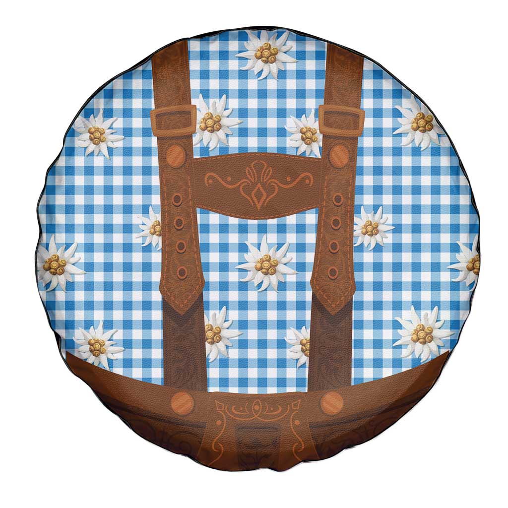 Traditional German Costume - Lederhosen Spare Tire Cover Blue Plaid Pattern with Edelweiss Flowers - Wonder Print Shop