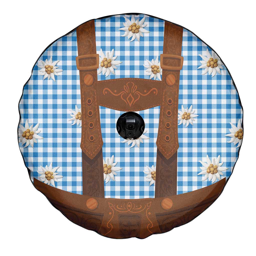Traditional German Costume - Lederhosen Spare Tire Cover Blue Plaid Pattern with Edelweiss Flowers - Wonder Print Shop