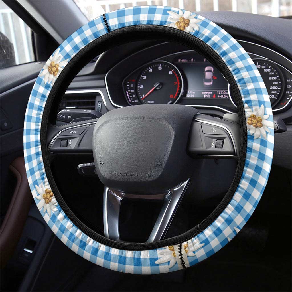 Traditional German Costume - Lederhosen Steering Wheel Cover Blue Plaid Pattern with Edelweiss Flowers - Wonder Print Shop