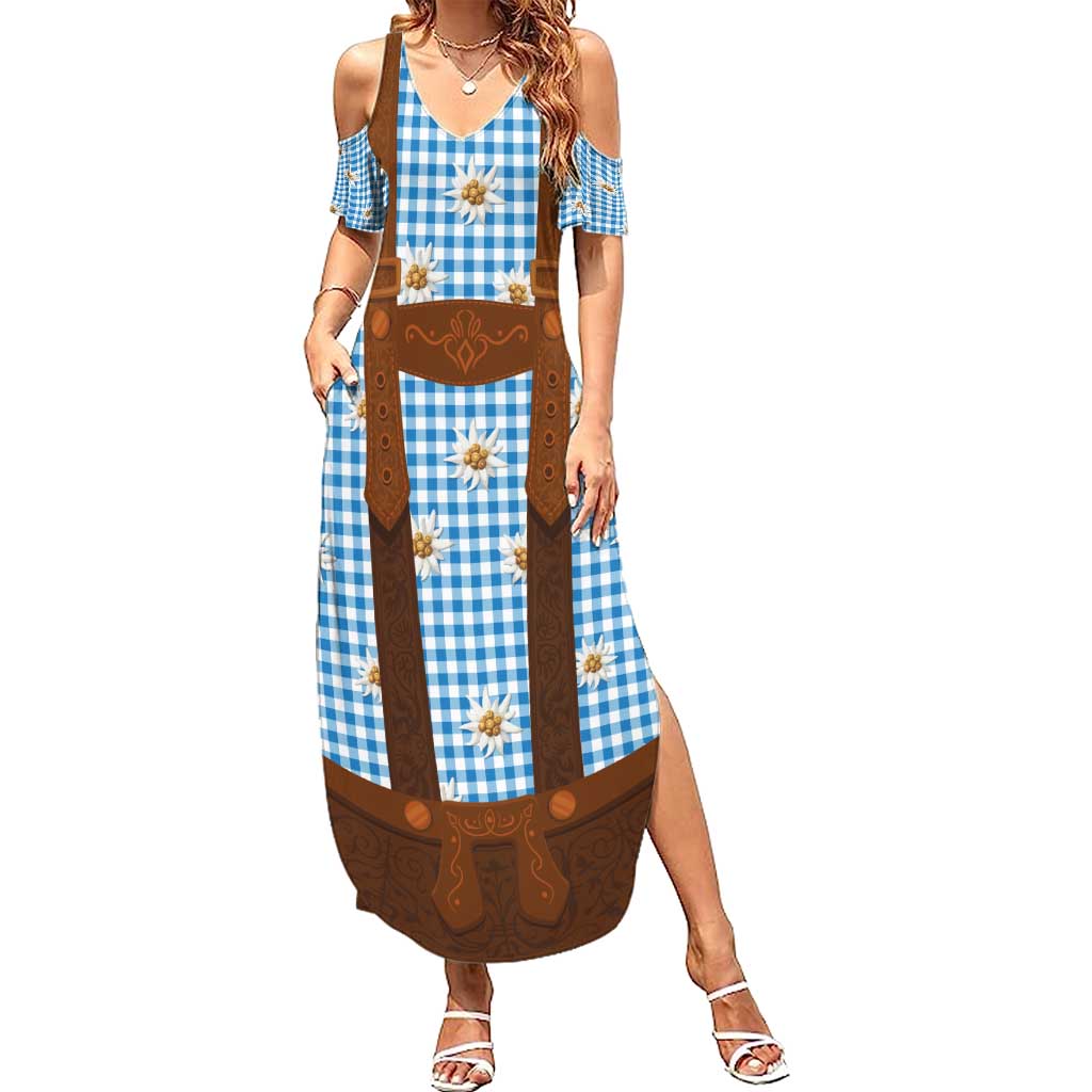 Traditional German Costume - Lederhosen Summer Maxi Dress Blue Plaid Pattern with Edelweiss Flowers - Wonder Print Shop