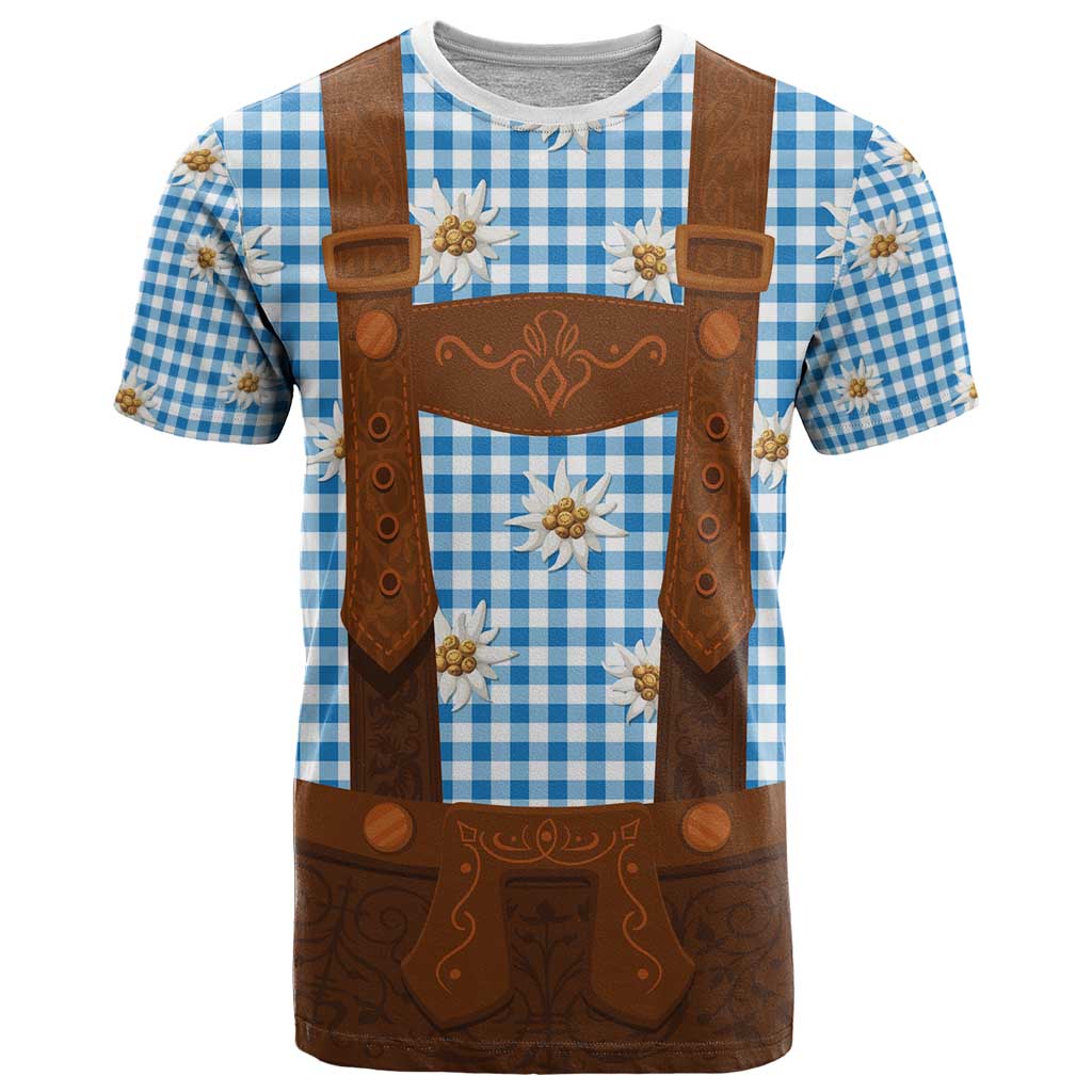 Traditional German Costume - Lederhosen T Shirt Blue Plaid Pattern with Edelweiss Flowers - Wonder Print Shop