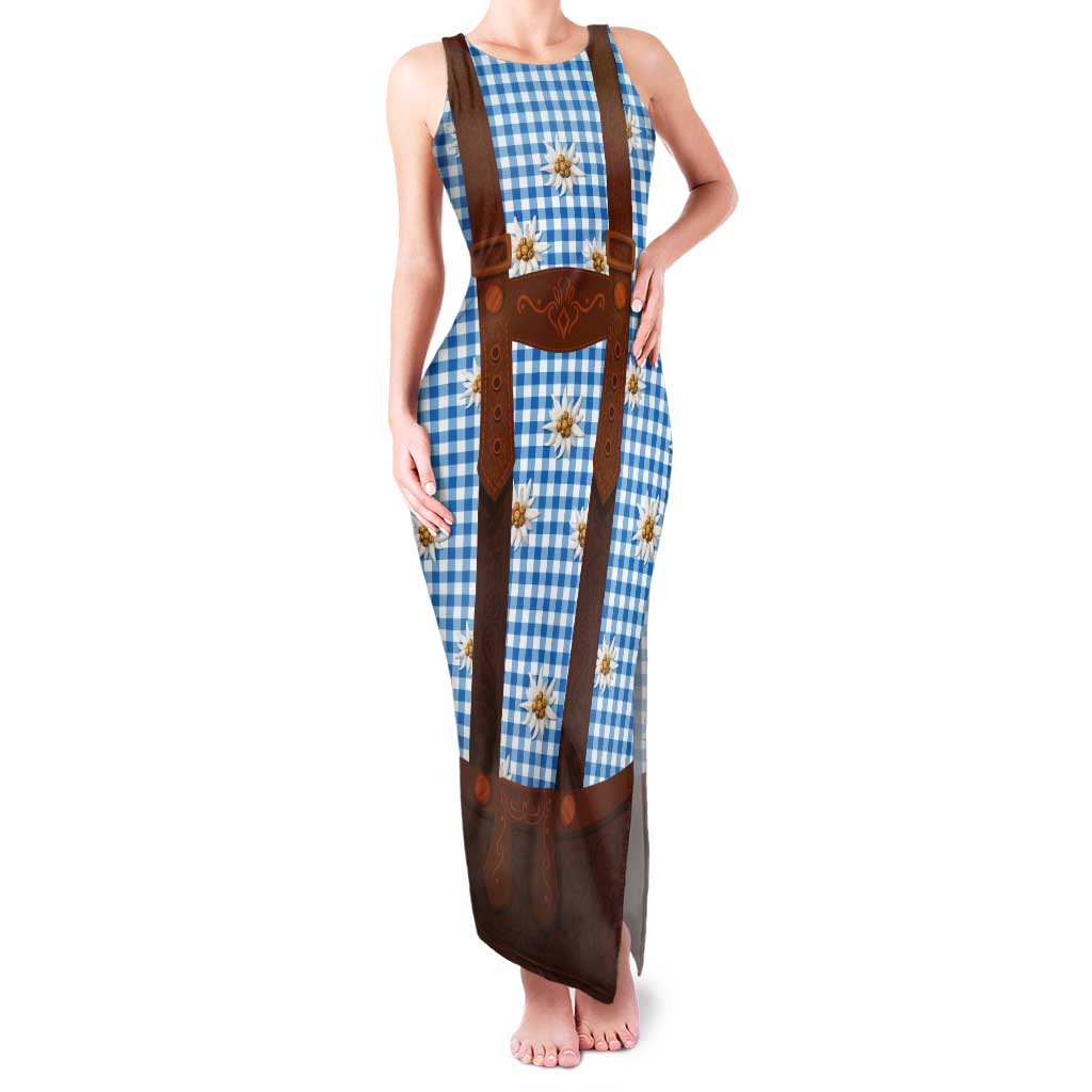 Traditional German Costume - Lederhosen Tank Maxi Dress Blue Plaid Pattern with Edelweiss Flowers - Wonder Print Shop