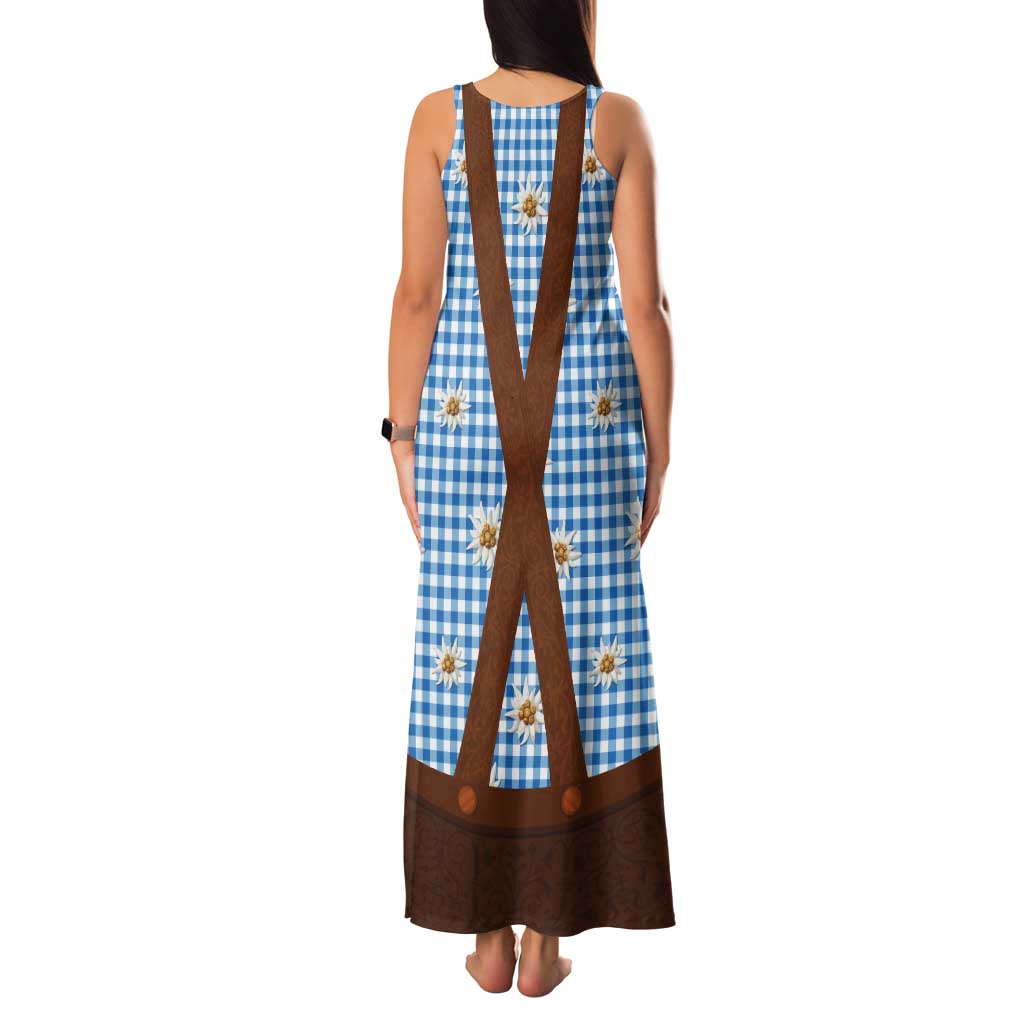 Traditional German Costume - Lederhosen Tank Maxi Dress Blue Plaid Pattern with Edelweiss Flowers - Wonder Print Shop