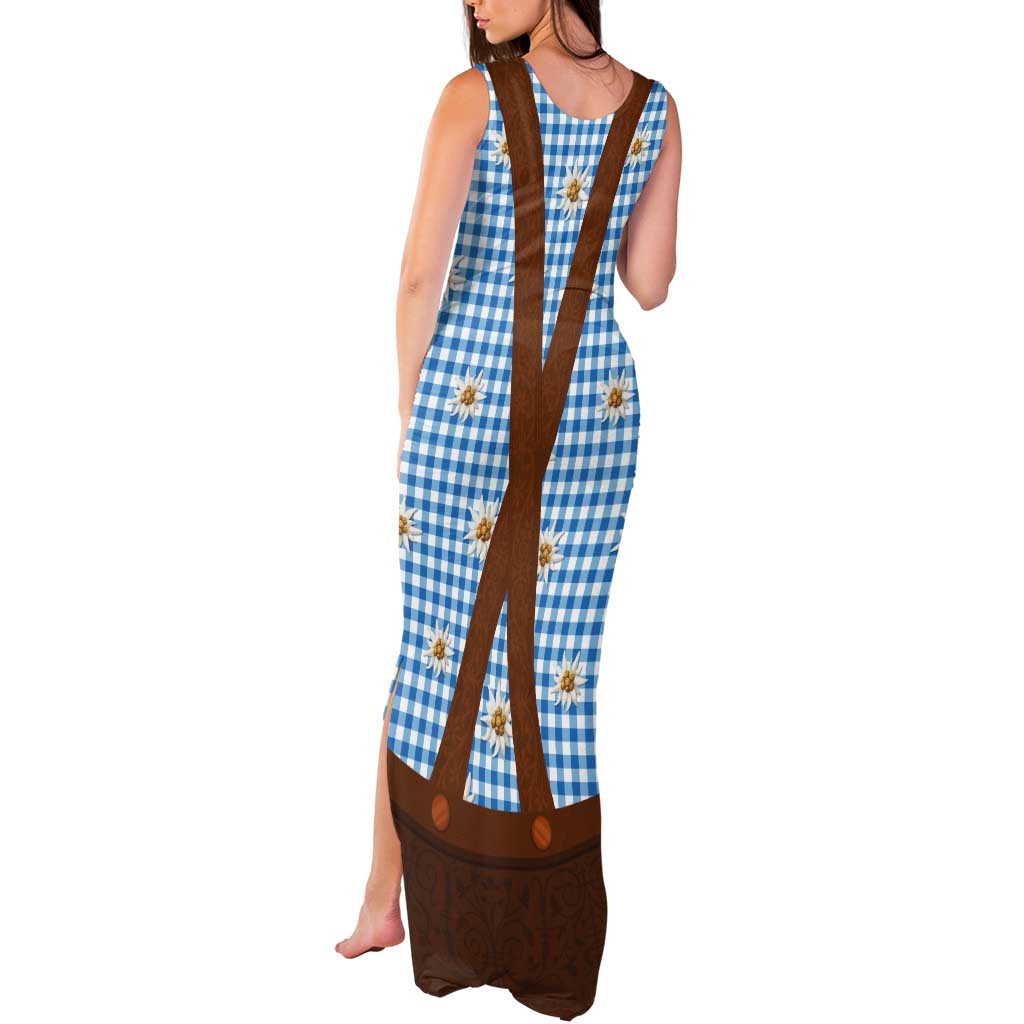 Traditional German Costume - Lederhosen Tank Maxi Dress Blue Plaid Pattern with Edelweiss Flowers - Wonder Print Shop