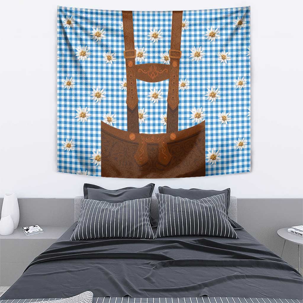 Traditional German Costume - Lederhosen Tapestry Blue Plaid Pattern with Edelweiss Flowers - Wonder Print Shop