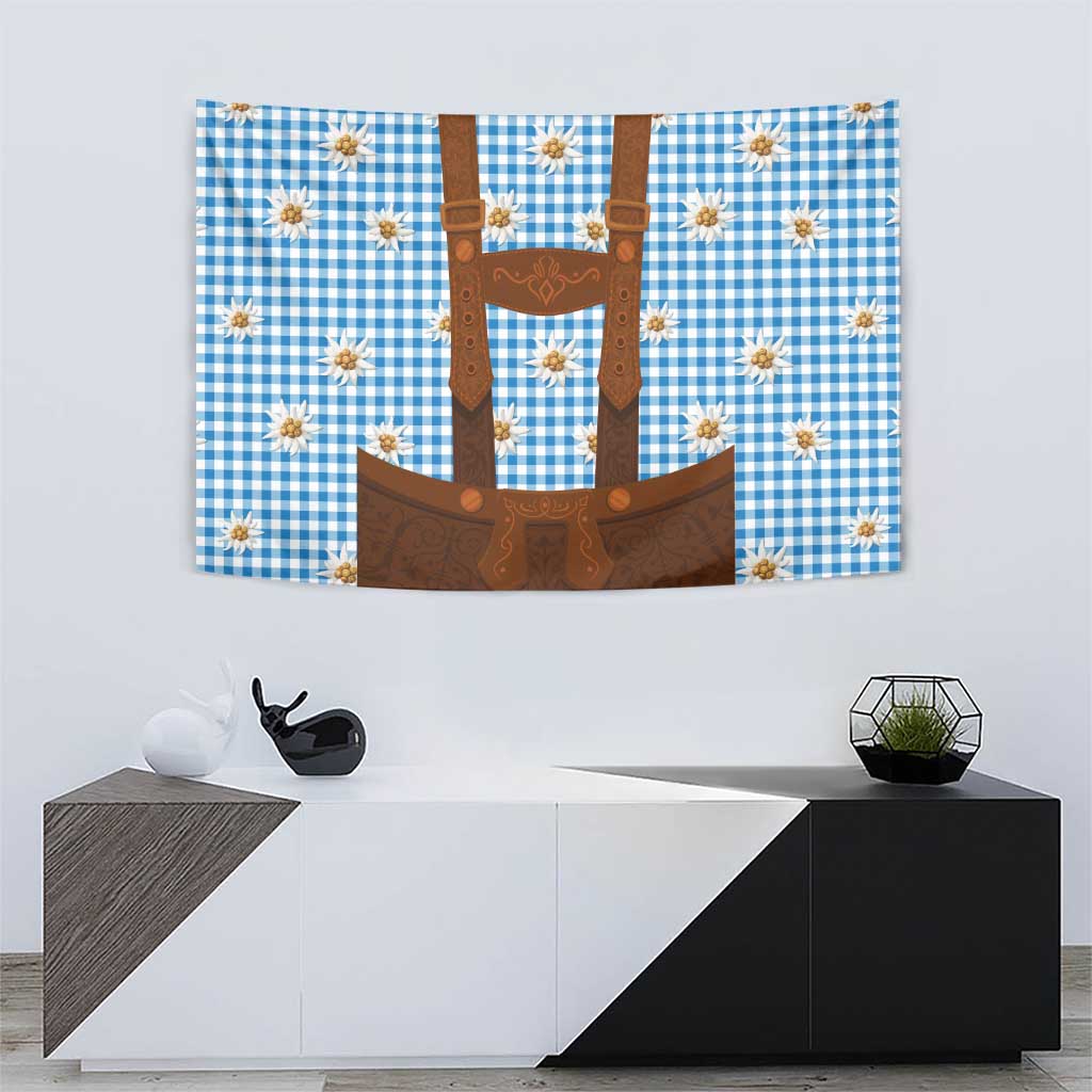 Traditional German Costume - Lederhosen Tapestry Blue Plaid Pattern with Edelweiss Flowers - Wonder Print Shop