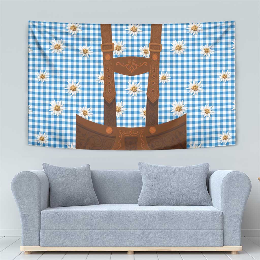 Traditional German Costume - Lederhosen Tapestry Blue Plaid Pattern with Edelweiss Flowers - Wonder Print Shop