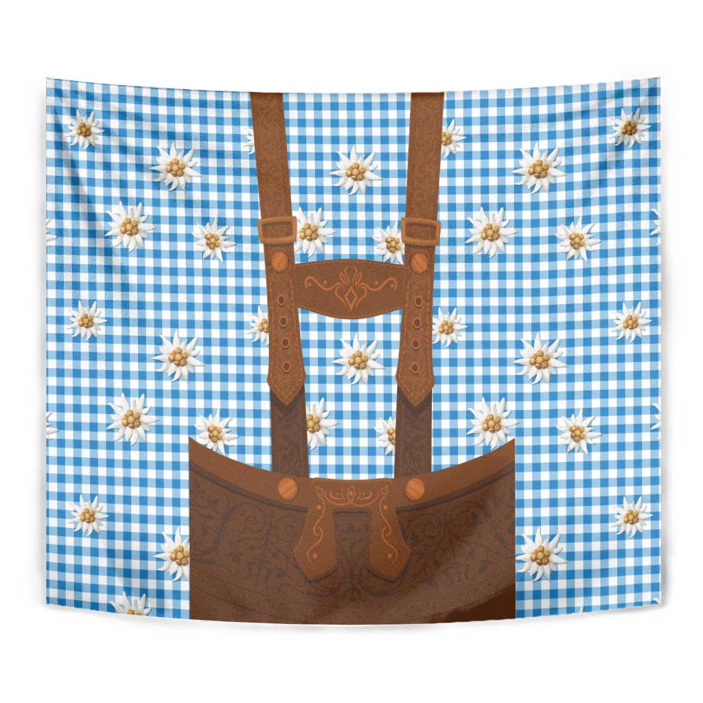 Traditional German Costume - Lederhosen Tapestry Blue Plaid Pattern with Edelweiss Flowers - Wonder Print Shop