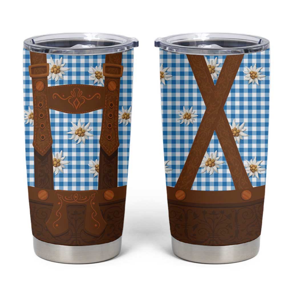 Traditional German Costume - Lederhosen Tumbler Cup Blue Plaid Pattern with Edelweiss Flowers - Wonder Print Shop