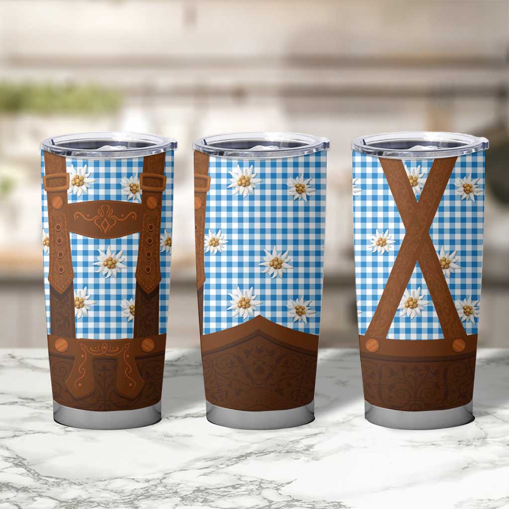 Traditional German Costume - Lederhosen Tumbler Cup Blue Plaid Pattern with Edelweiss Flowers - Wonder Print Shop