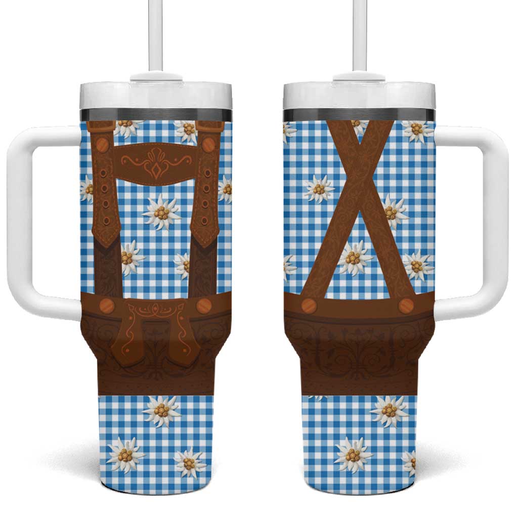Traditional German Costume - Lederhosen Tumbler With Handle Blue Plaid Pattern with Edelweiss Flowers - Wonder Print Shop