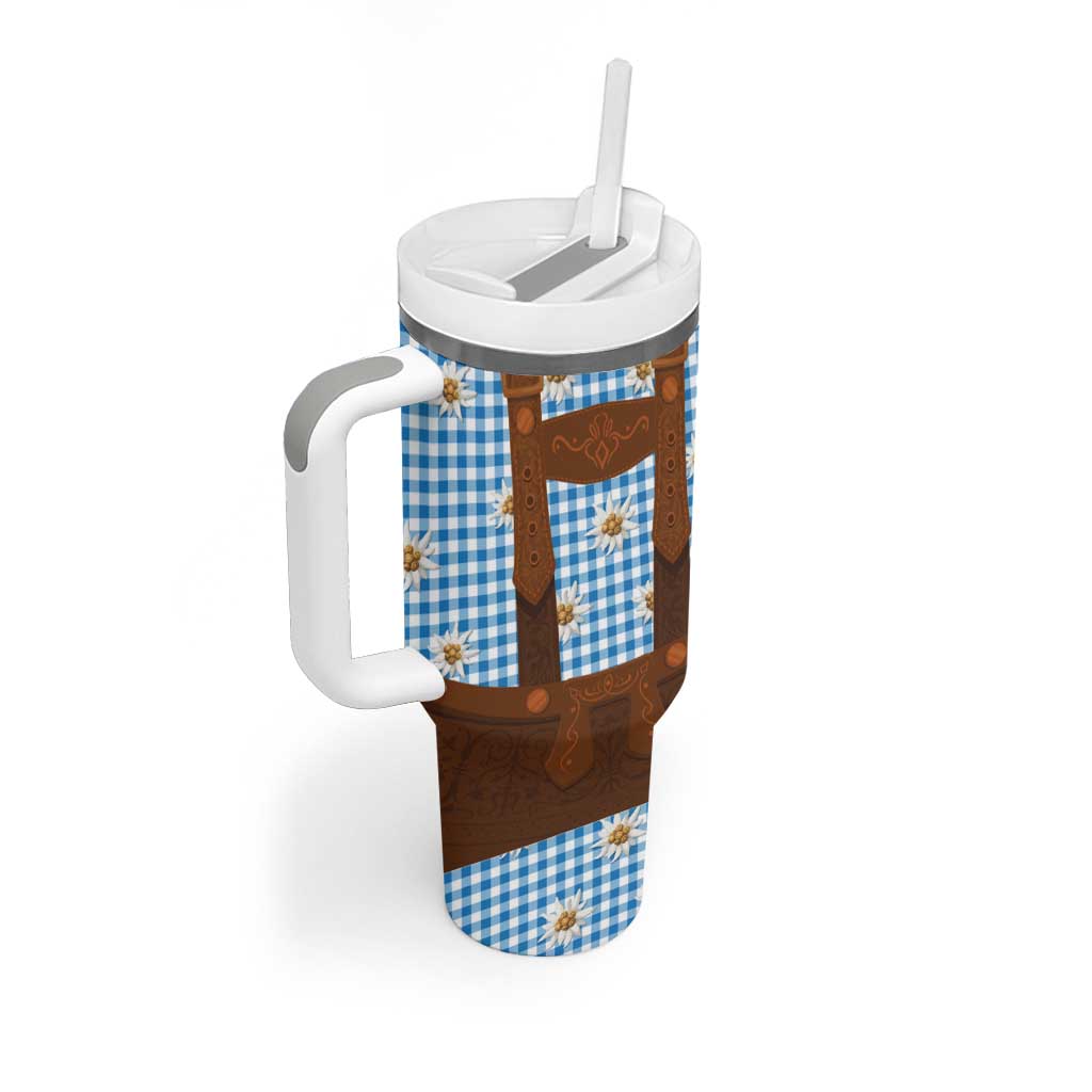 Traditional German Costume - Lederhosen Tumbler With Handle Blue Plaid Pattern with Edelweiss Flowers - Wonder Print Shop
