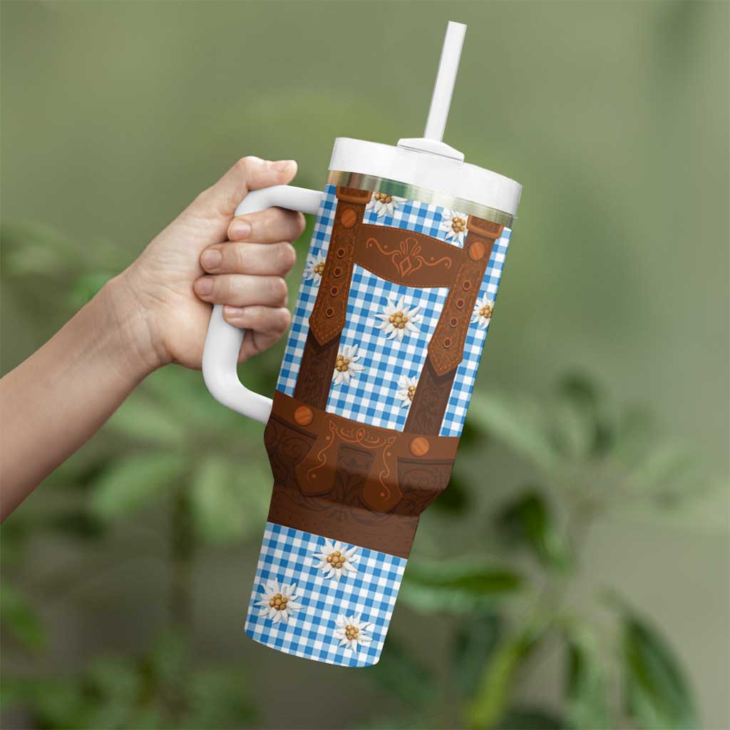 Traditional German Costume - Lederhosen Tumbler With Handle Blue Plaid Pattern with Edelweiss Flowers - Wonder Print Shop