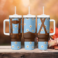Traditional German Costume - Lederhosen Tumbler With Handle Blue Plaid Pattern with Edelweiss Flowers - Wonder Print Shop