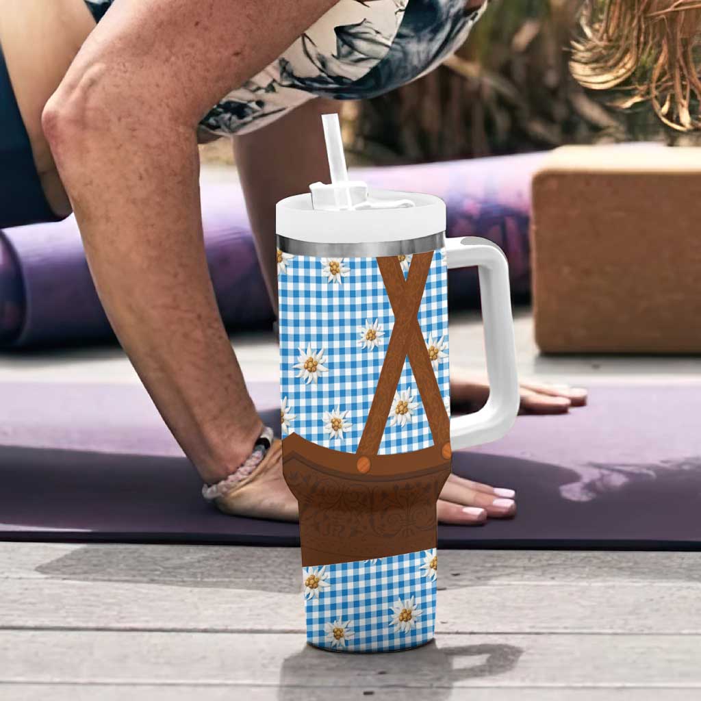 Traditional German Costume - Lederhosen Tumbler With Handle Blue Plaid Pattern with Edelweiss Flowers - Wonder Print Shop