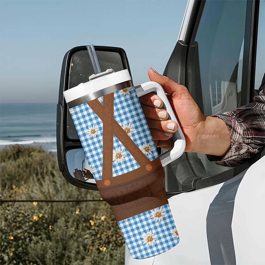Traditional German Costume - Lederhosen Tumbler With Handle Blue Plaid Pattern with Edelweiss Flowers - Wonder Print Shop