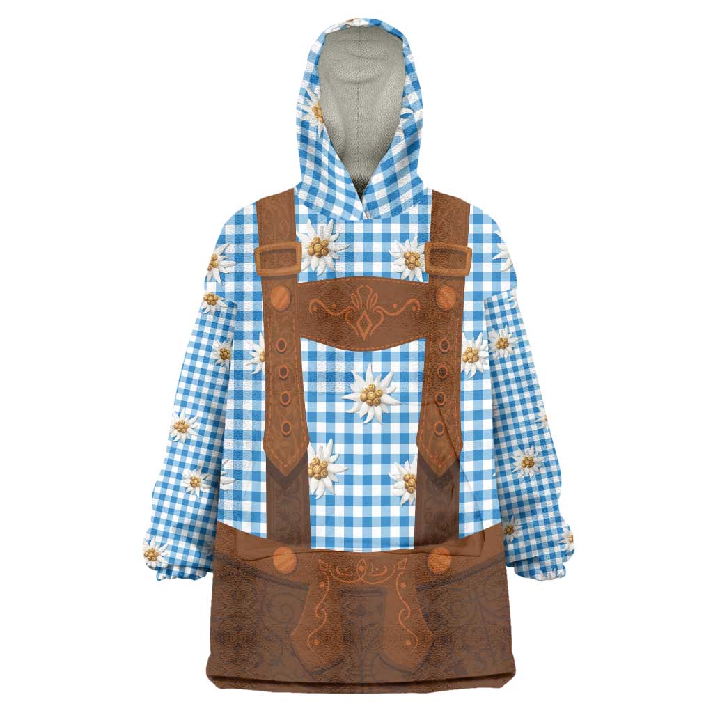 Traditional German Costume - Lederhosen Wearable Blanket Hoodie Blue Plaid Pattern with Edelweiss Flowers - Wonder Print Shop