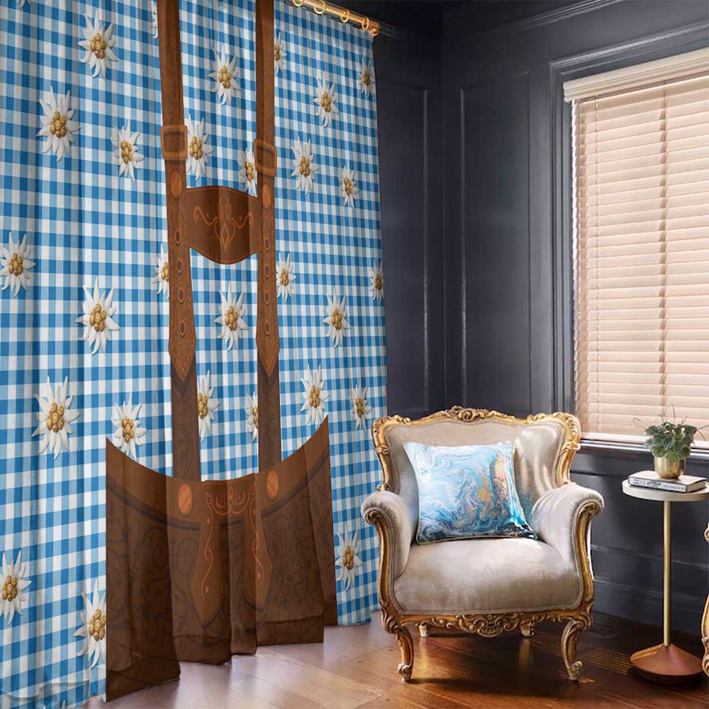 Traditional German Costume - Lederhosen Window Curtain Blue Plaid Pattern with Edelweiss Flowers - Wonder Print Shop
