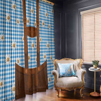Traditional German Costume - Lederhosen Window Curtain Blue Plaid Pattern with Edelweiss Flowers - Wonder Print Shop
