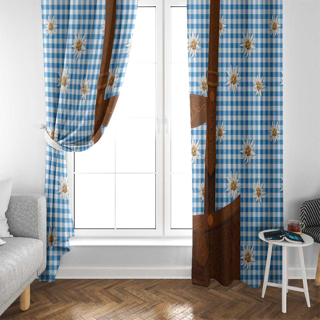 Traditional German Costume - Lederhosen Window Curtain Blue Plaid Pattern with Edelweiss Flowers - Wonder Print Shop