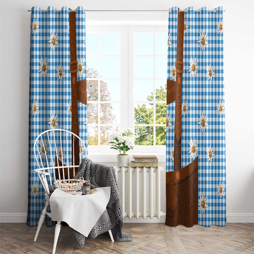 Traditional German Costume - Lederhosen Window Curtain Blue Plaid Pattern with Edelweiss Flowers - Wonder Print Shop