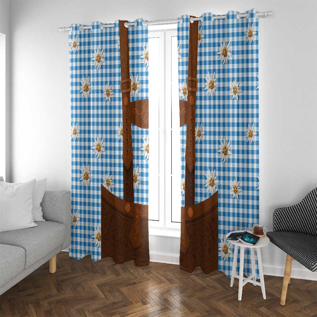 Traditional German Costume - Lederhosen Window Curtain Blue Plaid Pattern with Edelweiss Flowers - Wonder Print Shop