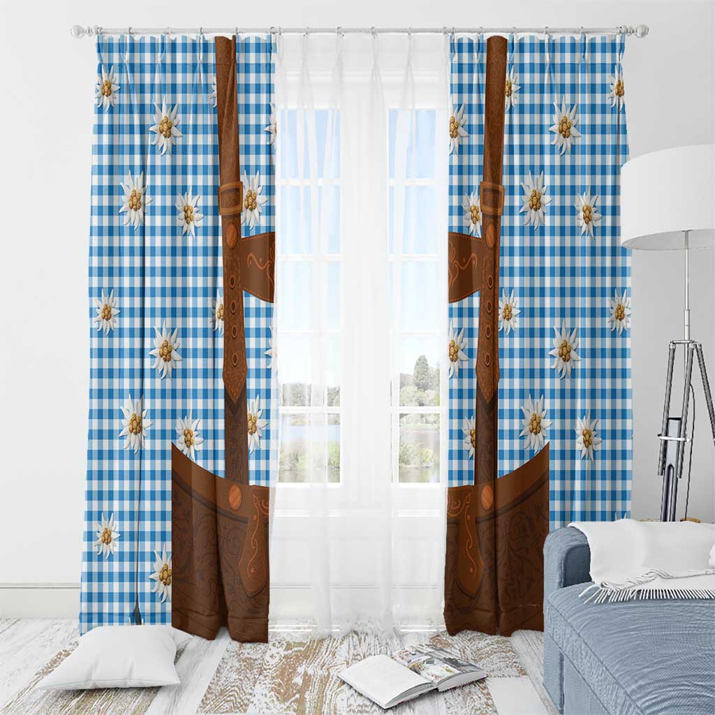 Traditional German Costume - Lederhosen Window Curtain Blue Plaid Pattern with Edelweiss Flowers - Wonder Print Shop