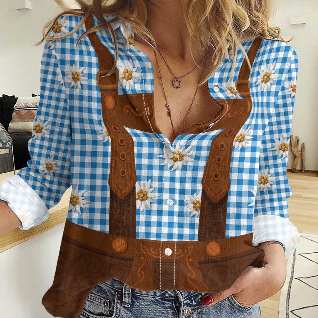 Traditional German Costume - Lederhosen Women Casual Shirt Blue Plaid Pattern with Edelweiss Flowers - Wonder Print Shop